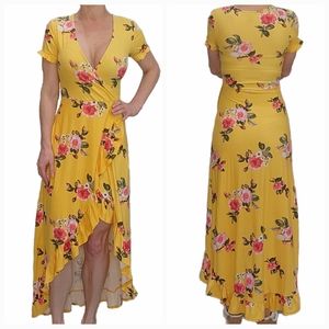 Bright Yellow and PinkFloral Hi-low Faux Wrap Dress Size XS